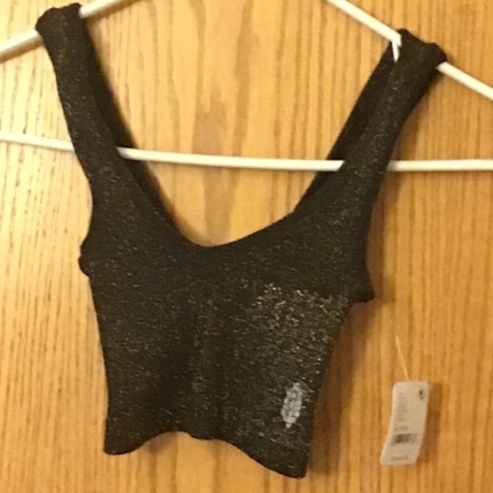 NWT FP Happiness Runs Square Neck Crop Tank Black/Gold Sparkle Lurex M/L